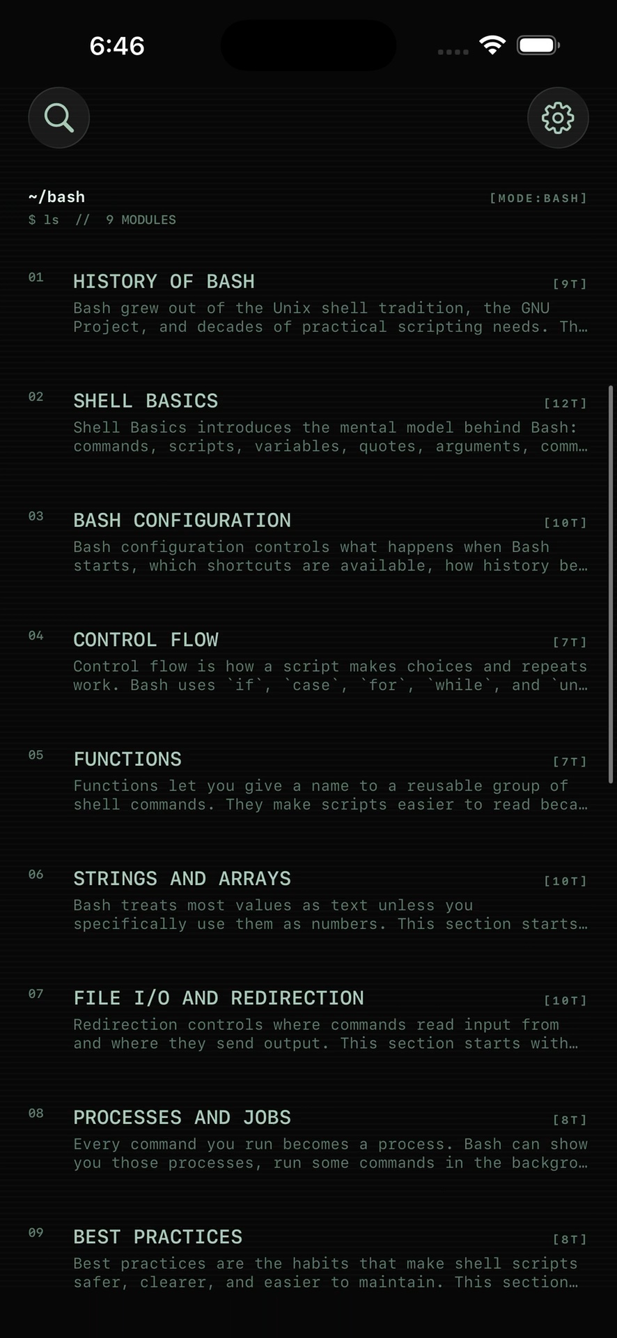 ShellRef Bash reference with numbered topics and beginner-level markers